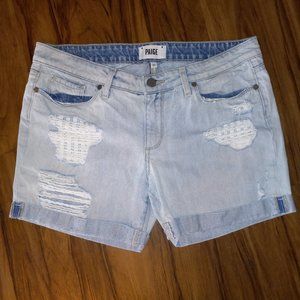 PAIGE Light Wash Distressed Rolled Hem Jean Shorts